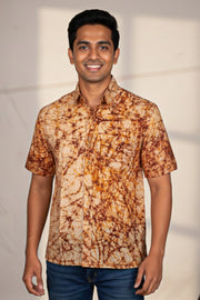Yellow Half Sleeve Batik Printed Cotton Mens Shirt 10076354