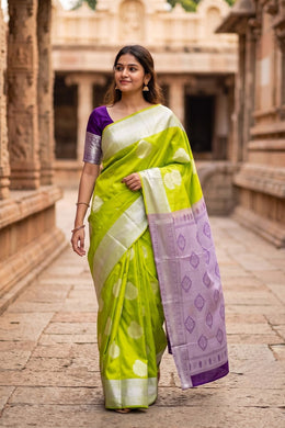 Green Handloom Kanjivaram Vegan Silk Saree with Contrast Pallu 10073866
