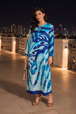 Blue Printed Vegan Charmeuse Silk Dress 10077274