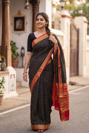 Coffee Bean Black Mysore Crepe Silk Saree With Checks Design And Zari Border 10076267
