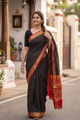 Coffee Bean Black Mysore Crepe Silk Saree With Checks Design And Zari Border 10076267