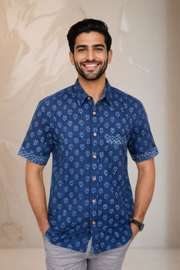 Indigo Handblock Print Pre-Washed Pure Cotton Shirt 10074612
