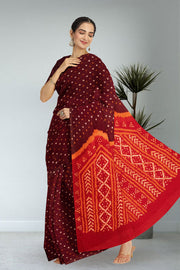 Brown Bandhani Mulmul Cotton Saree 10075502