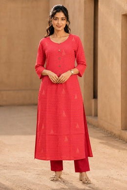 Reddish Orange Hand Embroidered Cotton Kurta 10077664