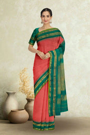 Gadwal Kuttu Weave Handloom Checked Silk Saree in Dark Salmon Pink with Forest Green Zari Border and Pallu 10064454