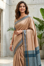 Beige Vegan Silk Kanjivaram Saree With Checks Design 10076307