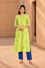 Lime Green Hand Embroidered Cotton Kurta 10077673