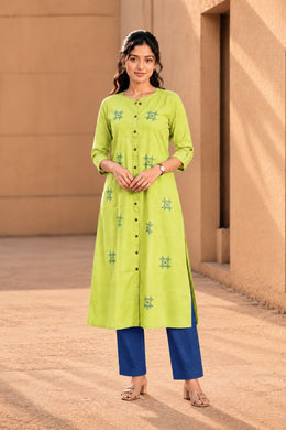 Lime Green Hand Embroidered Cotton Kurta 10077673