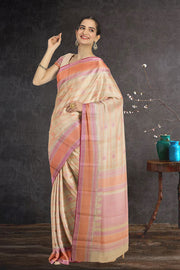 Cream Threadwork Handloom Kanjivaram Silk Saree 10067870