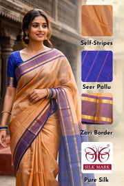 Cream Kanjivaram Pure Silk Saree with Contrast Border 10077891