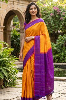 Orange Gadwal Kuttu Silk Saree With Temple Border 10077055