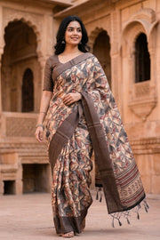 Cream Printed Semi Linen Saree 10077987