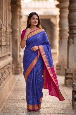 Moonlit Ocean Blue Mysore Crepe Silk Saree With Checks Design And Pink Zari Border 10076266