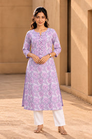 Pastel Purple Hand Block Printed Cotton Kurta 10077683
