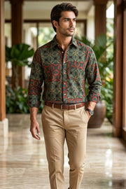 Muted Olive Green Full Sleeve Ajrakh Printed Cotton Men's Shirt 10076866