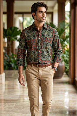 Muted Olive Green Full Sleeve Ajrakh Printed Cotton Men's Shirt 10076866