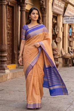 Desert Gold Beige with Blue Mysore Crepe Silk Saree With Zari Border 10076663