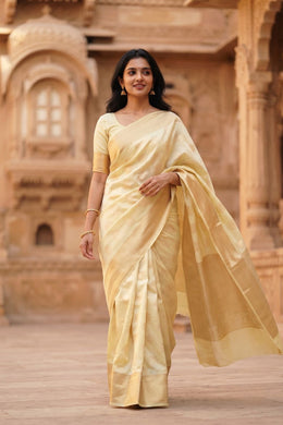 Cream Handloom Banarasi Chiniya Silk Saree 10065488