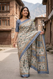 White Kani Printed Silk Saree 10077868