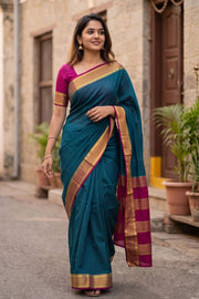 Midnight Teal Blue Mysore Crepe Silk Saree With Zari Border 10076670