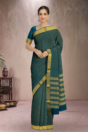 Ocean Depths Blue Mysore Crepe Silk Saree With Zari Checks And Zari Border 10076672