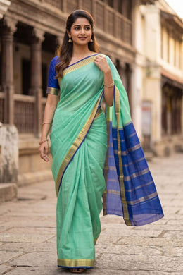 Minted Aqua Green Mysore Crepe Silk Saree With Zari Border 10076677