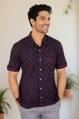 Indigo Handblock Print Pre-Washed Pure Cotton Crop Shirt 10074628