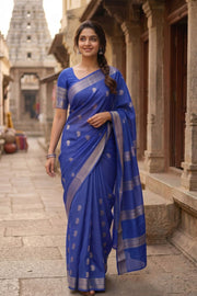 Sapphire Blue Mysore Crepe Silk Saree With Paisley Motifs Design And Zari Border 10076681