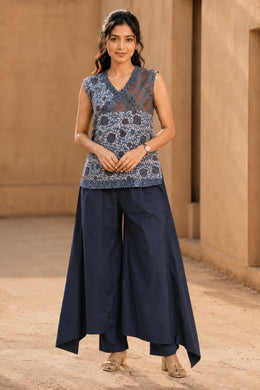 Rustic Blue Hand Embroidered Cotton Top & Pant Set 10077651