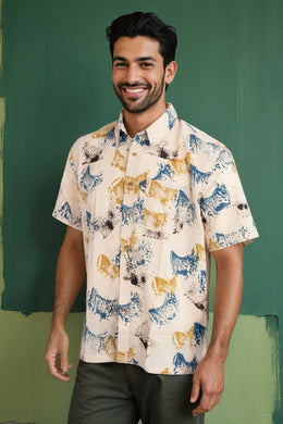 Cream Half Sleeve Ajrakh Printed Cotton Mens Shirt 10072712