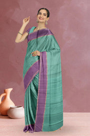 Kanjivaram Vegan Viscose Silk Saree Turkish Blue Color Block Design 10075551