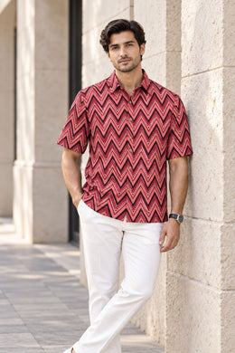 Red Half Sleeve Jahota Printed Cotton Mens Shirt 10072916