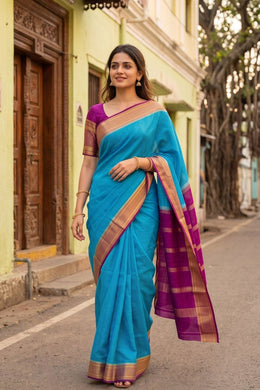 Pacific Blue With Purple Mysore Crepe Silk Saree 10076657