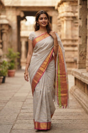 Pebble Grey Handloom Kanchi Cotton Saree With Peacock Zari Border 10076585