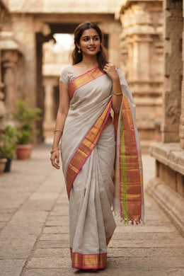 Pebble Grey Handloom Kanchi Cotton Saree With Peacock Zari Border 10076585