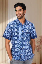 Indigo Handblock Print Pre-Washed Pure Cotton Shirt 10074402