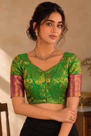 Peacock Fern Green Kanjivaram Silk Blouse With Floral Motifs and Floral Border 10076635