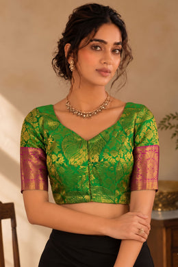Peacock Fern Green Kanjivaram Silk Blouse With Floral Motifs and Floral Border 10076635