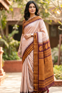 Light Brown Handloom Gadwal Kuttu Cotton Saree With Silk Zari Border 10077071