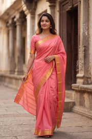 Blush Pink Monotone Mysore Crepe Silk Saree With Floral Border 10043578