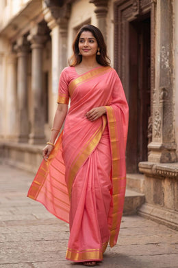 Blush Pink Monotone Mysore Crepe Silk Saree With Floral Border 10043578