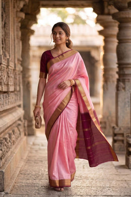 Petal Pink Mysore Crepe Silk Saree With Zari Border 10076668