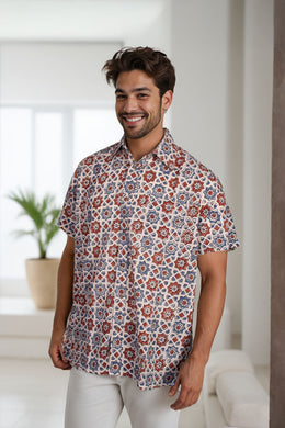Cream Half Sleeve Ajrakh Printed Cotton Mens Shirt 10071092