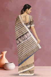 Beige Hand Block Printed linen saree 10070883