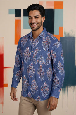 Blue Full Sleeve Ajrakh Printed Cotton Mens Shirt 10073163