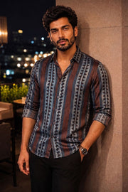 Blue Full Sleeve Jahota Print Modal Silk Mens Shirt 10074382