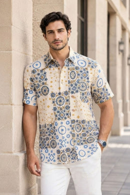 Beige Half Sleeve Ajrakh Printed Cotton Mens Shirt 10072915