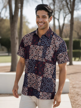 Black Half Sleeve Ajrakh Printed Cotton Mens Shirt 10072906