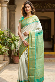 White Gadwal Kuttu Silk Saree With Temple Border 10077063