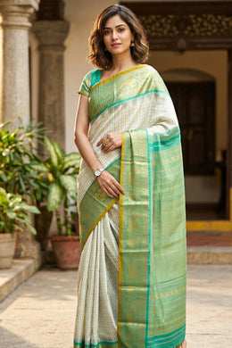 White Gadwal Kuttu Silk Saree With Temple Border 10077063